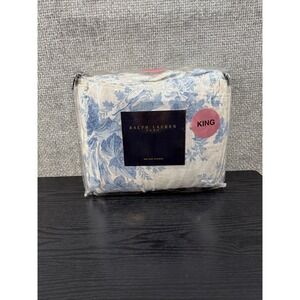 Ralph Lauren King‎ BED Skirt Dust Ruffle Blue Cream Floral CORAL HARBOUR Vintage
